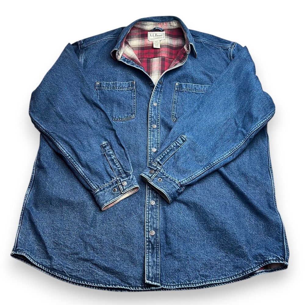LL Bean Denim Shirt Jacket Mens XXL Tall Flannel Lined Y2K Snap Button Shacket